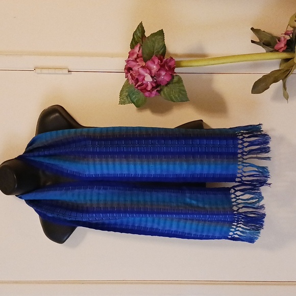 Scarf all cotton weaved threads unisex multi colors blues and green tie fringes - Picture 1 of 5